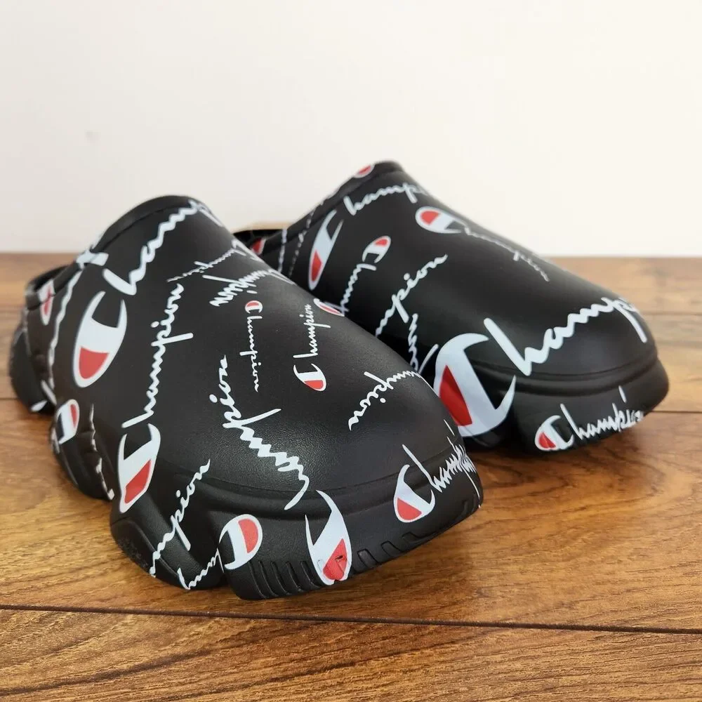 New Champion Super Meloso Warped Slides Black White Mens Sz 7 Closed Toe Slip on